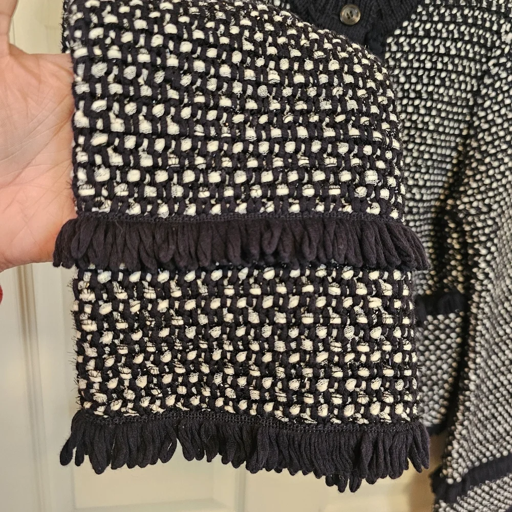 Ann Taylor Navy Tweed Knit Heavy Ruffle Button Down Blazor Sweater Jacket - Picture 8 of 10